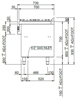 Preview: MBM Gasherd MFB711FGMXL - Standgerät mit Jumbo-Gasbackofen - 6 Brenner