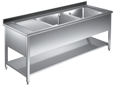 Spültisch mit Grundboden 1,6m - 2 Becken rechts L40x50xT25cm AISI 430 - Kopie