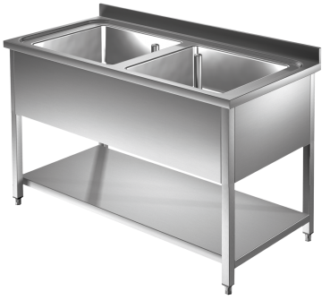 Spültisch mit Grundboden 1,4m - 2 Becken mittig L50xB50xT30cm AISI 430 - Kopie