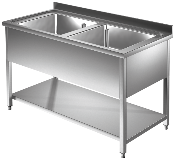 Spültisch mit Grundboden 1,4m - 2 Becken mittig L50xB50xT30cm AISI 430