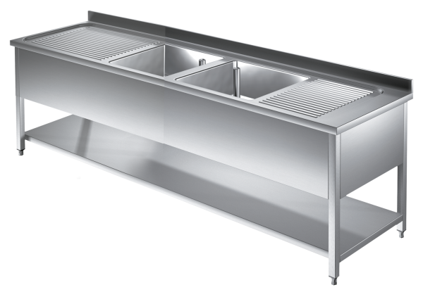 Spültisch mit Grundboden 2,0m - 2 Becken mittig L50xB50xT30cm AISI 430