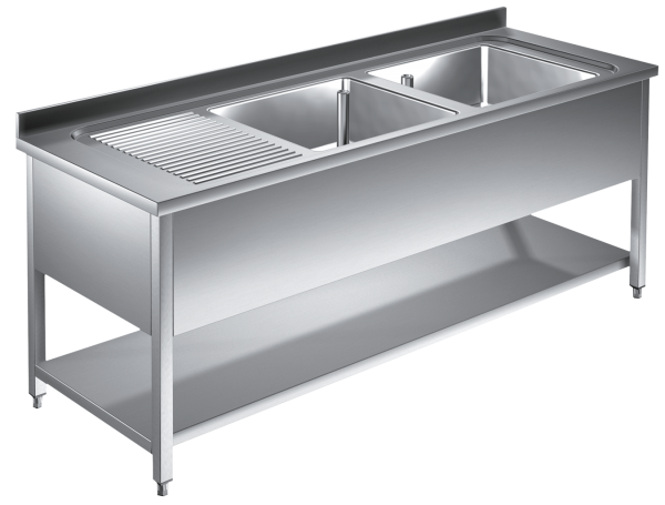 Spültisch mit Grundboden 1,8m - 2 Becken rechts L50xB50xT30cm AISI 430 - Kopie