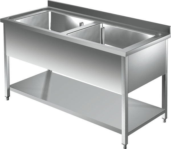 Topf - Spültisch mit Grundboden 2,0m - 2 Becken L86xB50xT35cm AISI 430